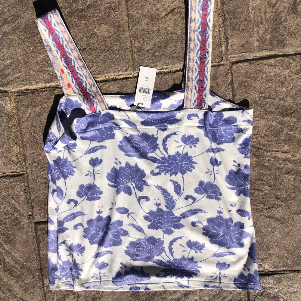 Anthropologie Blue Floral Print Square Neck Tank Top with Woven Straps